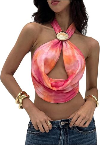 SOLY HUX Women's Backless Halter Crop Top Cowl Neck Tie Back Sexy Going Out Tops Vacation Outfits in Saudi Arabia