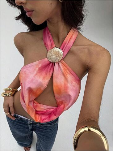 SOLY HUX Women's Backless Halter Crop Top Cowl Neck Tie Back Sexy Going Out Tops Vacation Outfits in Saudi Arabia