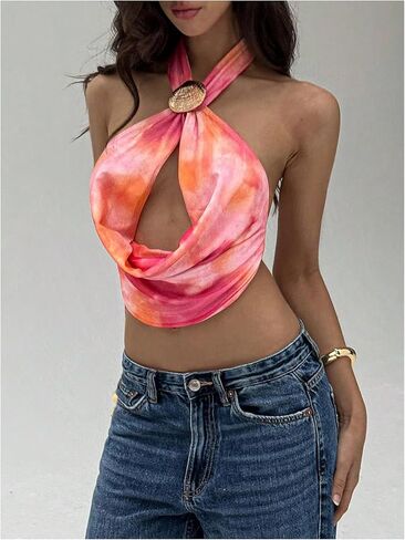 SOLY HUX Women's Backless Halter Crop Top Cowl Neck Tie Back Sexy Going Out Tops Vacation Outfits in Saudi Arabia