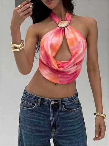 SOLY HUX Women's Backless Halter Crop Top Cowl Neck Tie Back Sexy Going Out Tops Vacation Outfits in Saudi Arabia