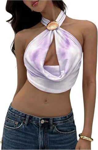 SOLY HUX Women's Backless Halter Crop Top Cowl Neck Tie Back Sexy Going Out Tops Vacation Outfits in Saudi Arabia