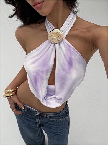 SOLY HUX Women's Backless Halter Crop Top Cowl Neck Tie Back Sexy Going Out Tops Vacation Outfits in Saudi Arabia