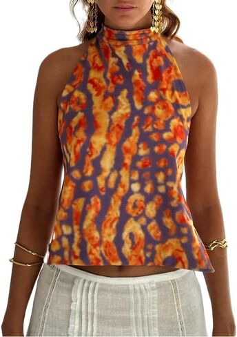 Women Y2k Halter Neck Tank Top Floral Print Backless Cami Top Sleeveless Tie Up Crop Top Summer Streetwear in Saudi Arabia