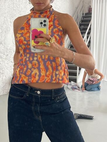 Women Y2k Halter Neck Tank Top Floral Print Backless Cami Top Sleeveless Tie Up Crop Top Summer Streetwear in Saudi Arabia