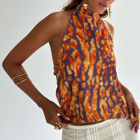 Women Y2k Halter Neck Tank Top Floral Print Backless Cami Top Sleeveless Tie Up Crop Top Summer Streetwear in Saudi Arabia