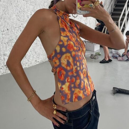 Women Y2k Halter Neck Tank Top Floral Print Backless Cami Top Sleeveless Tie Up Crop Top Summer Streetwear in Saudi Arabia