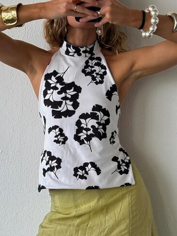 Women Y2k Halter Neck Tank Top Floral Print Backless Cami Top Sleeveless Tie Up Crop Top Summer Streetwear in Saudi Arabia