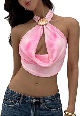 SOLY HUX Women's Backless Halter Crop Top Cowl Neck Tie Back Sexy Going Out Tops Vacation Outfits in Saudi Arabia