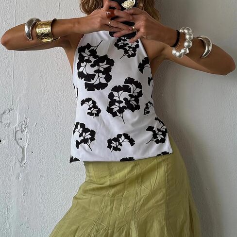 Women Y2k Halter Neck Tank Top Floral Print Backless Cami Top Sleeveless Tie Up Crop Top Summer Streetwear in Saudi Arabia