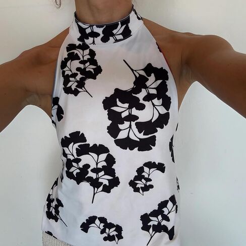 Women Y2k Halter Neck Tank Top Floral Print Backless Cami Top Sleeveless Tie Up Crop Top Summer Streetwear in Saudi Arabia