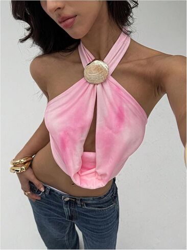 SOLY HUX Women's Backless Halter Crop Top Cowl Neck Tie Back Sexy Going Out Tops Vacation Outfits in Saudi Arabia