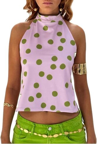 Women Y2k Halter Neck Tank Top Floral Print Backless Cami Top Sleeveless Tie Up Crop Top Summer Streetwear in Saudi Arabia