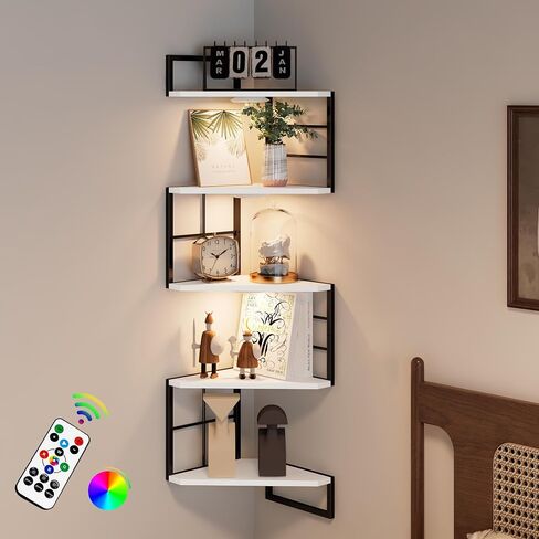 Floating Corner Shelves with Light - 5 Tiers Metal Corner Shelf Wall Mounted for Bedroom Living Room Office Kitchen, Easy-to-Assemble Corner Wall Shelves in Saudi Arabia