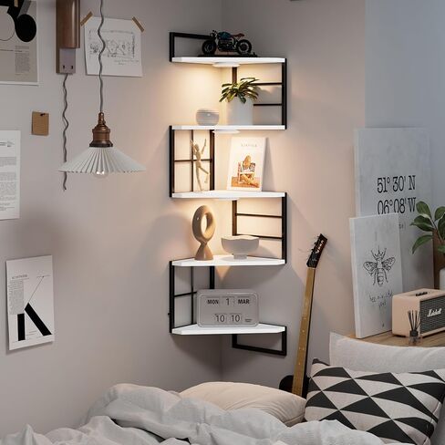 Floating Corner Shelves with Light - 5 Tiers Metal Corner Shelf Wall Mounted for Bedroom Living Room Office Kitchen, Easy-to-Assemble Corner Wall Shelves in Saudi Arabia
