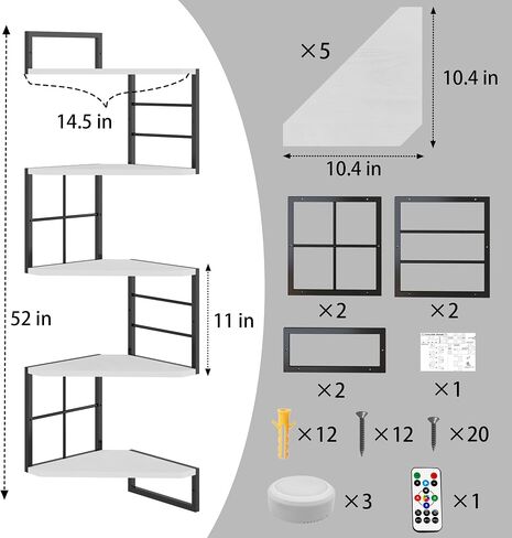 Floating Corner Shelves with Light - 5 Tiers Metal Corner Shelf Wall Mounted for Bedroom Living Room Office Kitchen, Easy-to-Assemble Corner Wall Shelves in Saudi Arabia