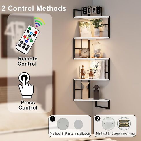 Floating Corner Shelves with Light - 5 Tiers Metal Corner Shelf Wall Mounted for Bedroom Living Room Office Kitchen, Easy-to-Assemble Corner Wall Shelves in Saudi Arabia
