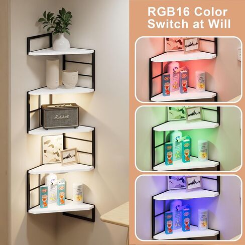 Floating Corner Shelves with Light - 5 Tiers Metal Corner Shelf Wall Mounted for Bedroom Living Room Office Kitchen, Easy-to-Assemble Corner Wall Shelves in Saudi Arabia