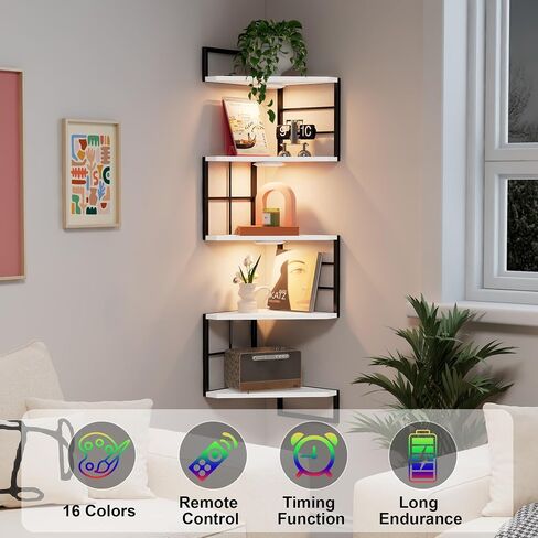 Floating Corner Shelves with Light - 5 Tiers Metal Corner Shelf Wall Mounted for Bedroom Living Room Office Kitchen, Easy-to-Assemble Corner Wall Shelves in Saudi Arabia