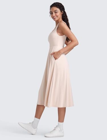 CRZ Yoga Cloudweight مزدوج المربع مربع فساتين ميدي للنساء الملابس الصيفية غير الرسمية مع الجيوب الجانبية in Saudi Arabia