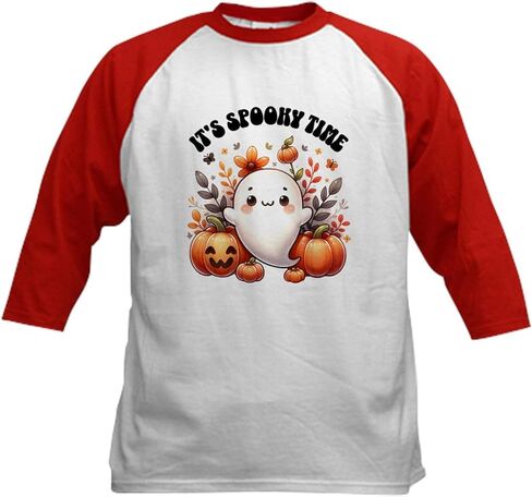 CafePress Halloween Spooky Time Ghost Pumpkins Kids Baseball T Shirt Kids Cotton Baseball Jersey, 3/4 Raglan Sleeve Shirt in Saudi Arabia