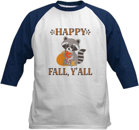 CafePress Happy Fall Raccoon Autumn Baseball Jersey Kids Cotton Baseball Jersey, 3/4 Raglan Sleeve Shirt in Kuwait