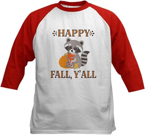 CafePress Happy Fall Raccoon Autumn Baseball Jersey Kids Cotton Baseball Jersey, 3/4 Raglan Sleeve Shirt in Kuwait