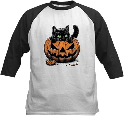 Cafepress Pumpkin Cat Kids Baseball T Shirt Kids Cotton Baseball Jersey ، 3/4 Raglan Sleeve Shirt in Saudi Arabia