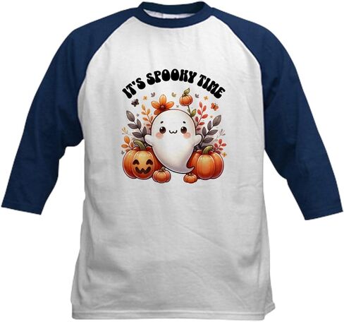 CafePress Halloween Spooky Time Ghost Pumpkins Kids Baseball T Shirt Kids Cotton Baseball Jersey, 3/4 Raglan Sleeve Shirt in Saudi Arabia
