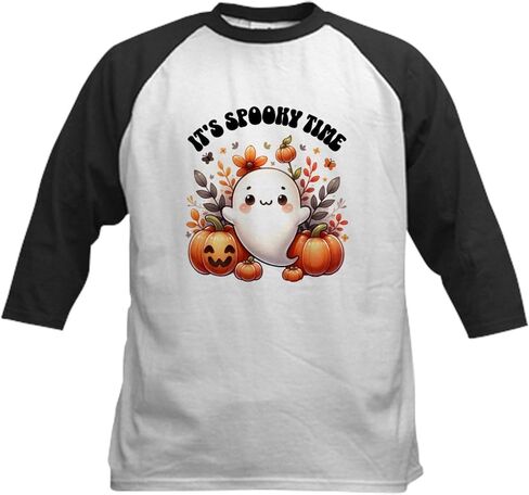 CafePress Halloween Spooky Time Ghost Pumpkins Kids Baseball T Shirt Kids Cotton Baseball Jersey, 3/4 Raglan Sleeve Shirt in Saudi Arabia