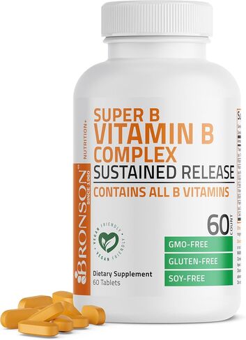 Bronson Super B Vitamin B Complex Sustained Slow Release (Vitamin B1, B2, B3, B6, B9 - Folic Acid, B12) Contains All B Vitamins 60 Tablets in Saudi Arabia