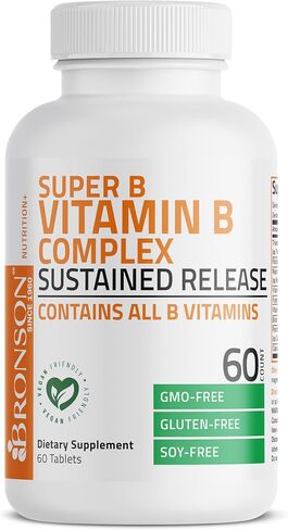 Bronson Super B Vitamin B Complex Sustained Slow Release (Vitamin B1, B2, B3, B6, B9 - Folic Acid, B12) Contains All B Vitamins 60 Tablets in Saudi Arabia