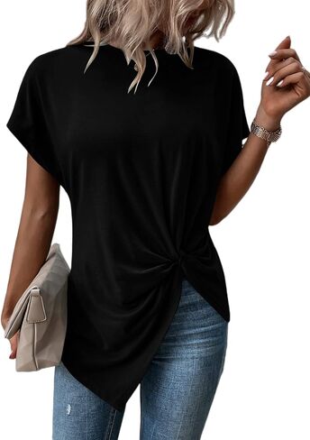Remidoo Asymmetrical Tops for Women Twist Front Top Crewneck Knot Short Sleeve T Shirts in Saudi Arabia