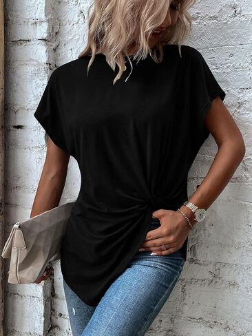Remidoo Asymmetrical Tops for Women Twist Front Top Crewneck Knot Short Sleeve T Shirts in Saudi Arabia