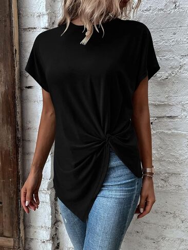 Remidoo Asymmetrical Tops for Women Twist Front Top Crewneck Knot Short Sleeve T Shirts in Saudi Arabia