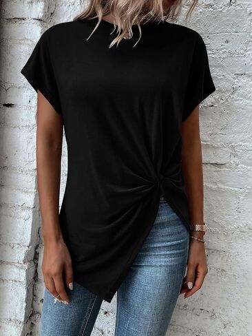 Remidoo Asymmetrical Tops for Women Twist Front Top Crewneck Knot Short Sleeve T Shirts in Saudi Arabia