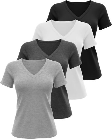 Riyiper 4 Pack Women’s V Neck T ، قمصان الصيف غير الرسمي القصيرة القطن القطن فضفاضة الأكمام المدحرج 2025 قمصان عصرية in Saudi Arabia