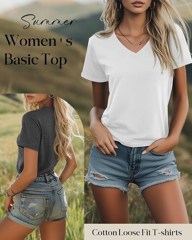Riyiper 4 Pack Women’s V Neck T ، قمصان الصيف غير الرسمي القصيرة القطن القطن فضفاضة الأكمام المدحرج 2025 قمصان عصرية in Saudi Arabia