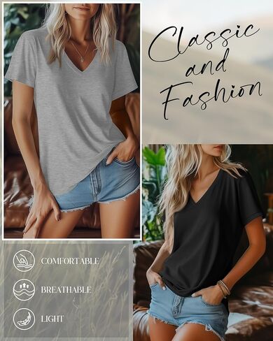 Riyiper 4 Pack Women’s V Neck T ، قمصان الصيف غير الرسمي القصيرة القطن القطن فضفاضة الأكمام المدحرج 2025 قمصان عصرية in Saudi Arabia