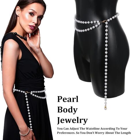 Pearl Body Chain Belt, Adjustable Metal Pearls Waist Body Chain Boho Belts for Women Concert Outfit for Dress in Saudi Arabia