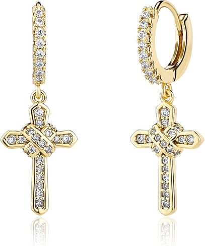 14K Gold Moissanite Drop & Dangle Earrings, Dainty Cross Hoop Drop Earrings, Chic Birthday Gift for Her in Kuwait