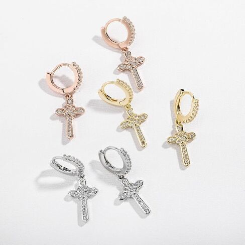 14K Gold Moissanite Drop & Dangle Earrings, Dainty Cross Hoop Drop Earrings, Chic Birthday Gift for Her in Kuwait