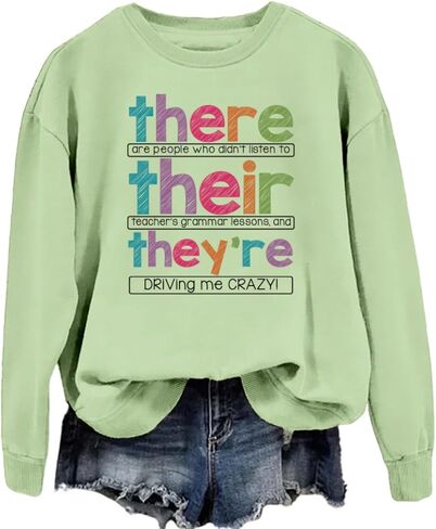English Teacher Sweatshirt Women Funny Grammar Graphic Long Sleeve Shirts There Their They're Teacher Pullover Tops in Kuwait