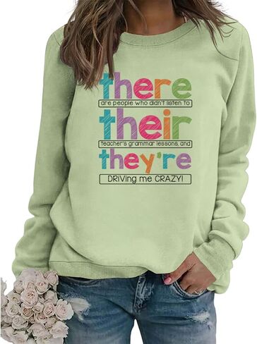 English Teacher Sweatshirt Women Funny Grammar Graphic Long Sleeve Shirts There Their They're Teacher Pullover Tops in Kuwait