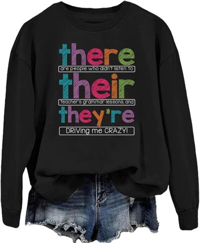 English Teacher Sweatshirt Women Funny Grammar Graphic Long Sleeve Shirts There Their They're Teacher Pullover Tops in Kuwait