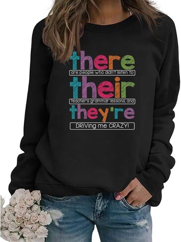 English Teacher Sweatshirt Women Funny Grammar Graphic Long Sleeve Shirts There Their They're Teacher Pullover Tops in Kuwait