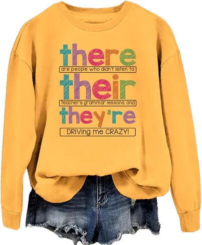 English Teacher Sweatshirt Women Funny Grammar Graphic Long Sleeve Shirts There Their They're Teacher Pullover Tops in Kuwait