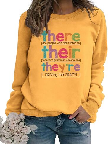 English Teacher Sweatshirt Women Funny Grammar Graphic Long Sleeve Shirts There Their They're Teacher Pullover Tops in Kuwait
