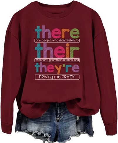 English Teacher Sweatshirt Women Funny Grammar Graphic Long Sleeve Shirts There Their They're Teacher Pullover Tops in Kuwait