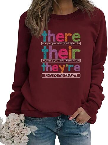 English Teacher Sweatshirt Women Funny Grammar Graphic Long Sleeve Shirts There Their They're Teacher Pullover Tops in Kuwait