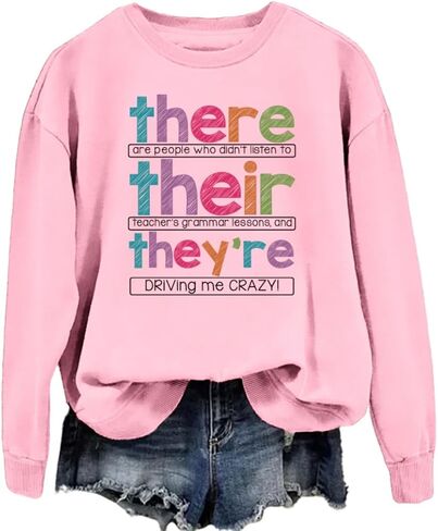 English Teacher Sweatshirt Women Funny Grammar Graphic Long Sleeve Shirts There Their They're Teacher Pullover Tops in Kuwait